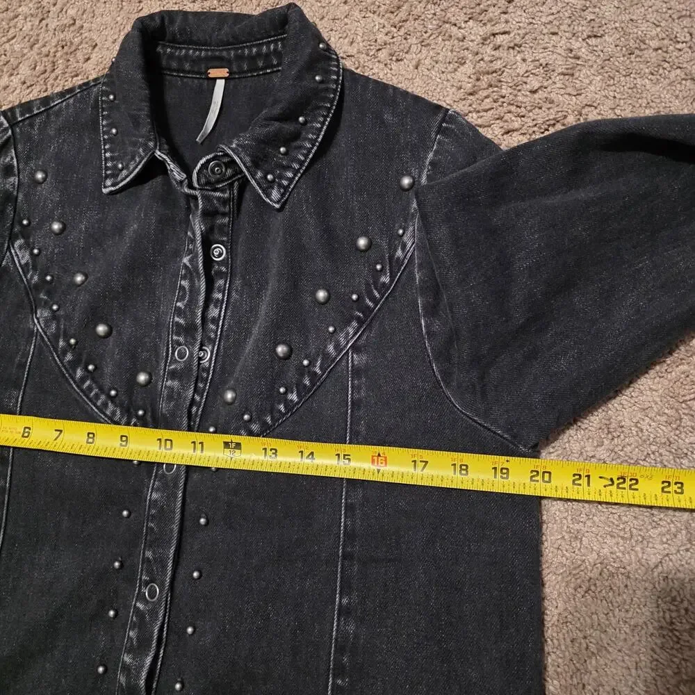 Free People Black Studded Denim Bennet Mini Dress Size M Jacket Grunge Goth Boho